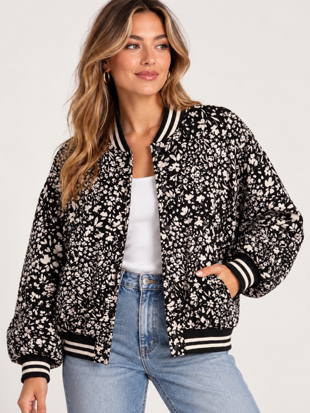 Black & White Floral Bomber Jacket - Women's Jacket